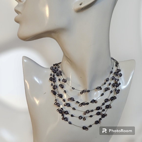 5/$25 Y2k Gray Blue Floating Illusion Acrylic Beaded Layered Necklace - Picture 1 of 6